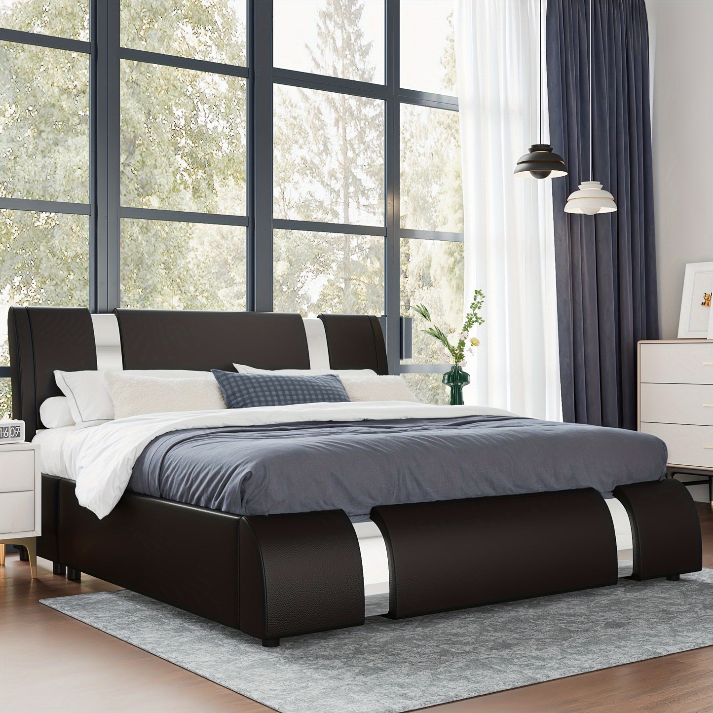 WEEWAY Bed Frame With Modern Iron Pieces Decor, Faux Leather Platform Bed With Curved Adjustable Headboard, Wood Slat Support, No Box Spring Required