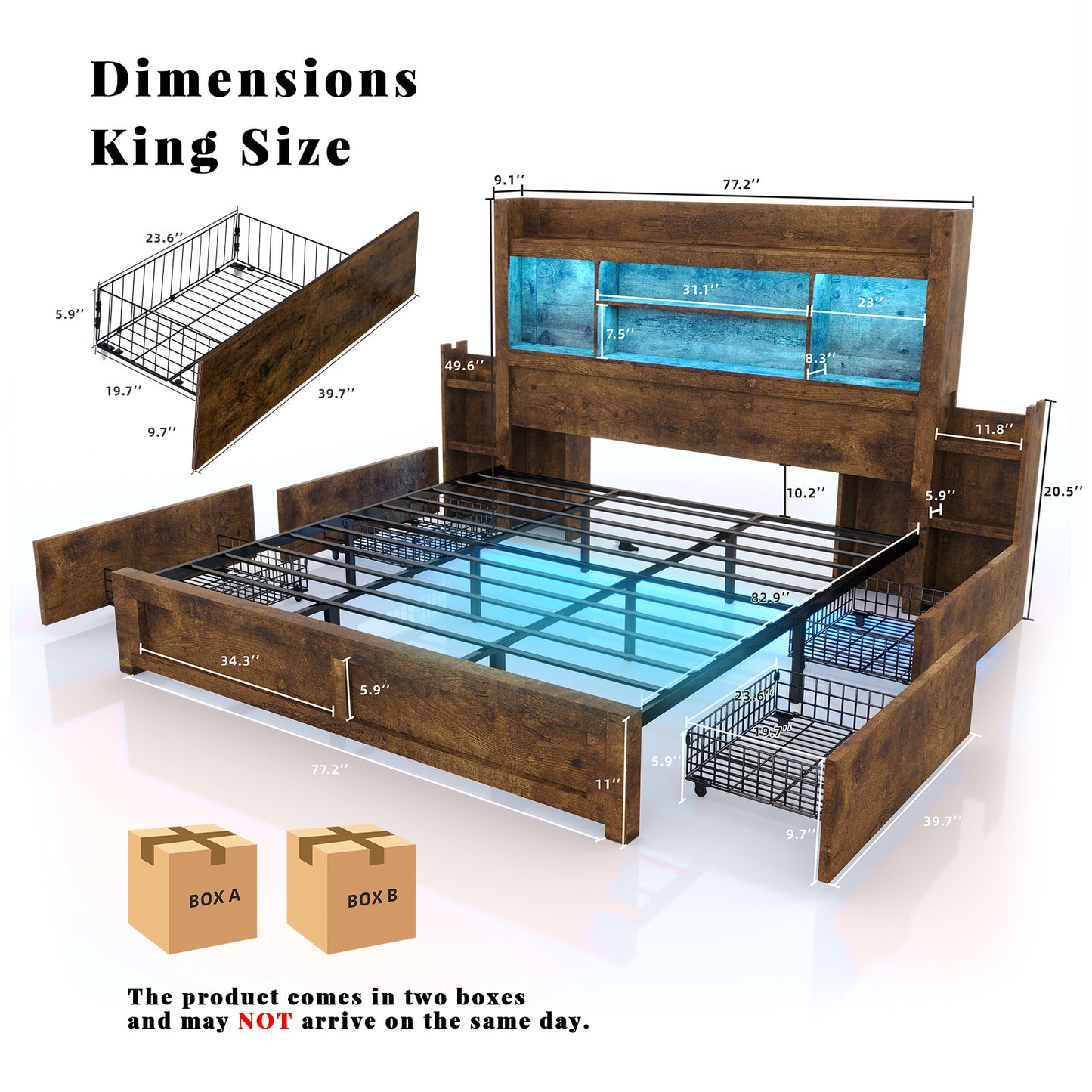 PAPABABE Bed Frame Featuring a 49.6-Inch Bookcase Headboard, Four Drawers, And Two Removable Storage Racks - a Farmhouse-Style Wooden Bed Frame Equipped with RGB LED Lights And a Charging Station, No Box Spring Required.