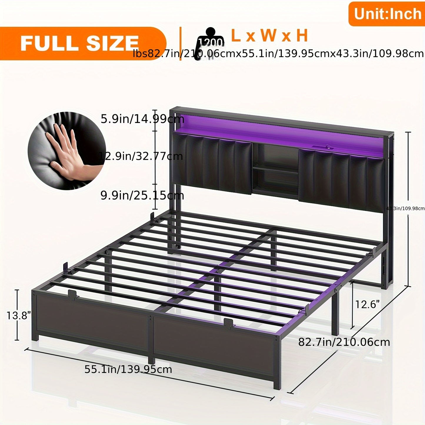 Aheaplus Queen Size Bed Frame with Charging Station & Led Lights, Platform Bed with Leather Upholstered Headboard and Storage, Metal Slats Support No Box Spring Needed, Noise-Free, Black