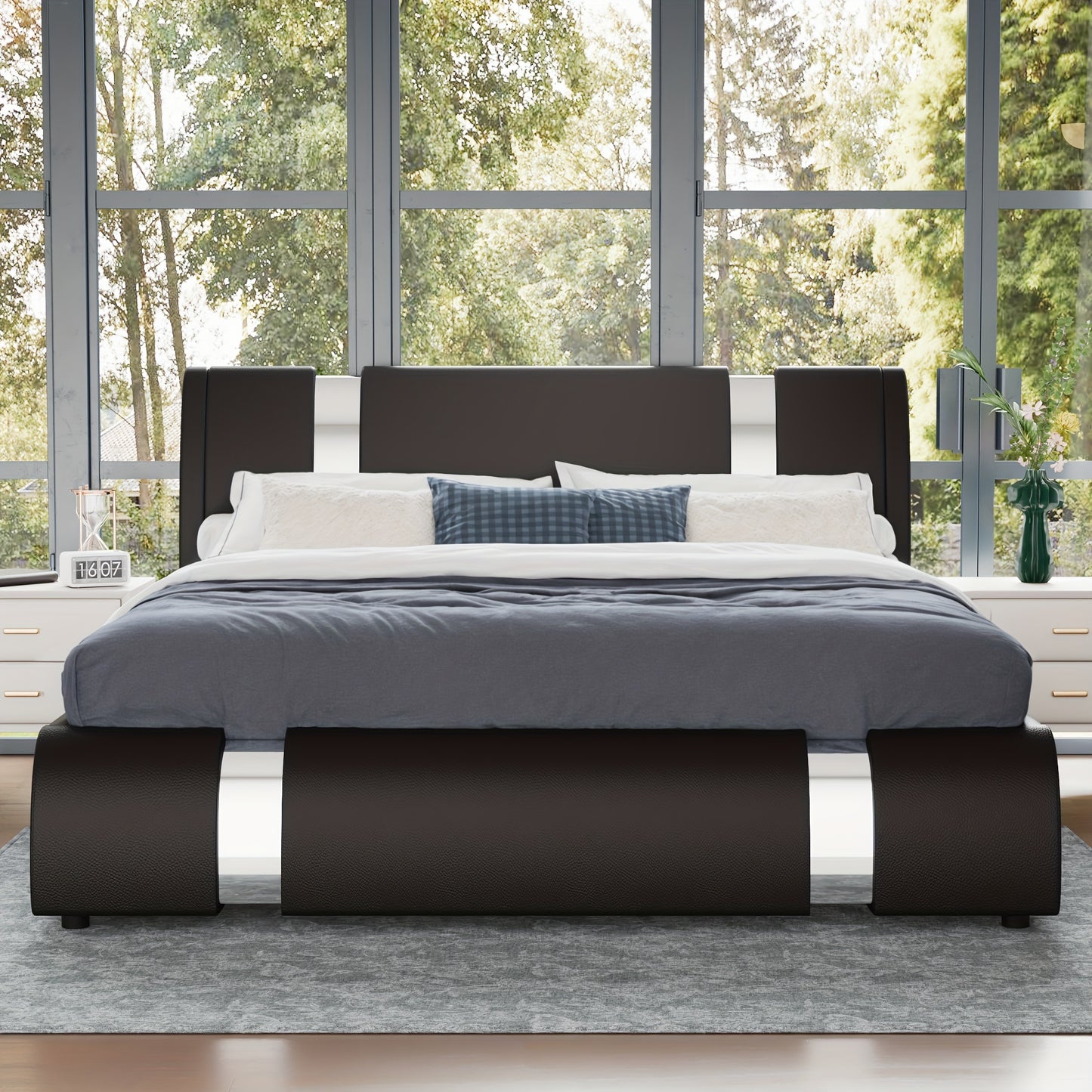 WEEWAY Bed Frame With Modern Iron Pieces Decor, Faux Leather Platform Bed With Curved Adjustable Headboard, Wood Slat Support, No Box Spring Required