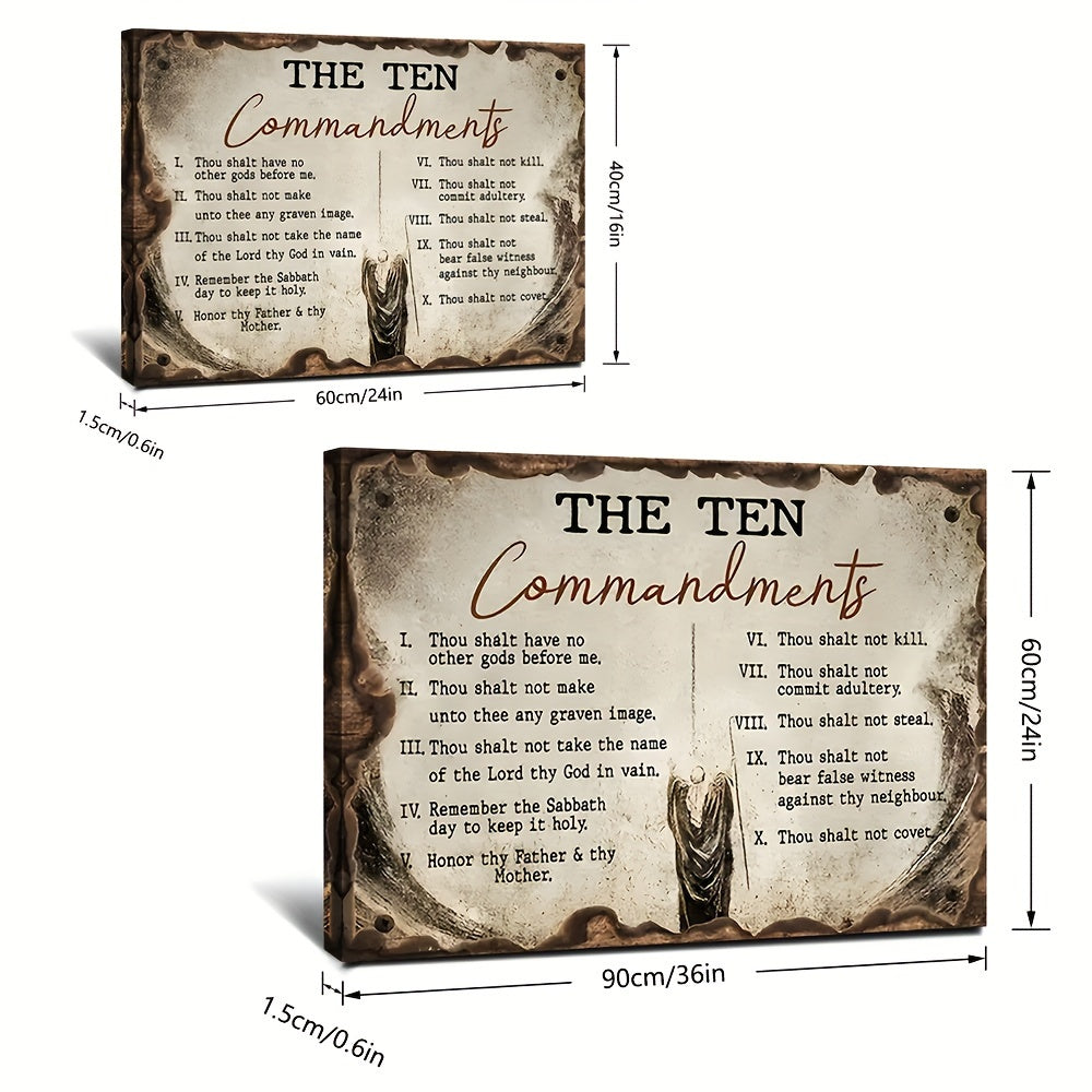 1pc Decorative Patterns On Office Supplies Retro Canvas Walls Jesus Painting Wooden Background The Ten Commandments Wall Art Canvas Motivational Wall Decor - Ready to Hang