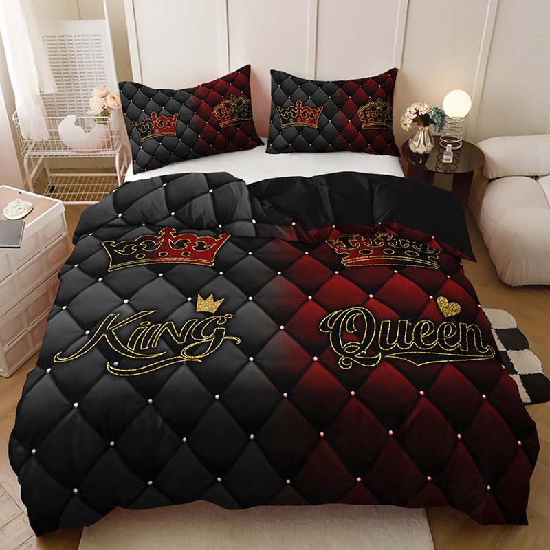 2/3pcs King and Queen Luxury Dark Red and Golden Crown Duvet Cover Set, 1 Duvet Cover + 1/2 Pillowcases (No Insert), All-Season Home and Dormitory High-Definition Print