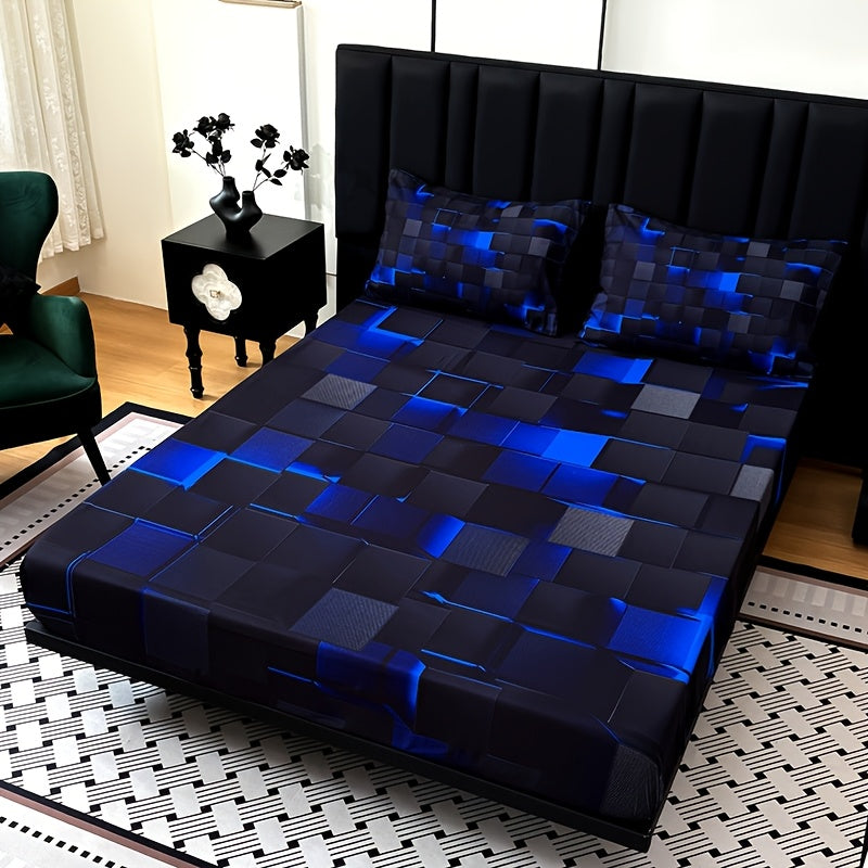 3pcs Cool Technology Digital Printing Material Plaid Fitted Sheet(1pc Bed Sheet+2pcs Pillowcase No Filling)Deep Pocket In 15 Inch At Home Dormitory Suitable for All Seasons Mattress Protector