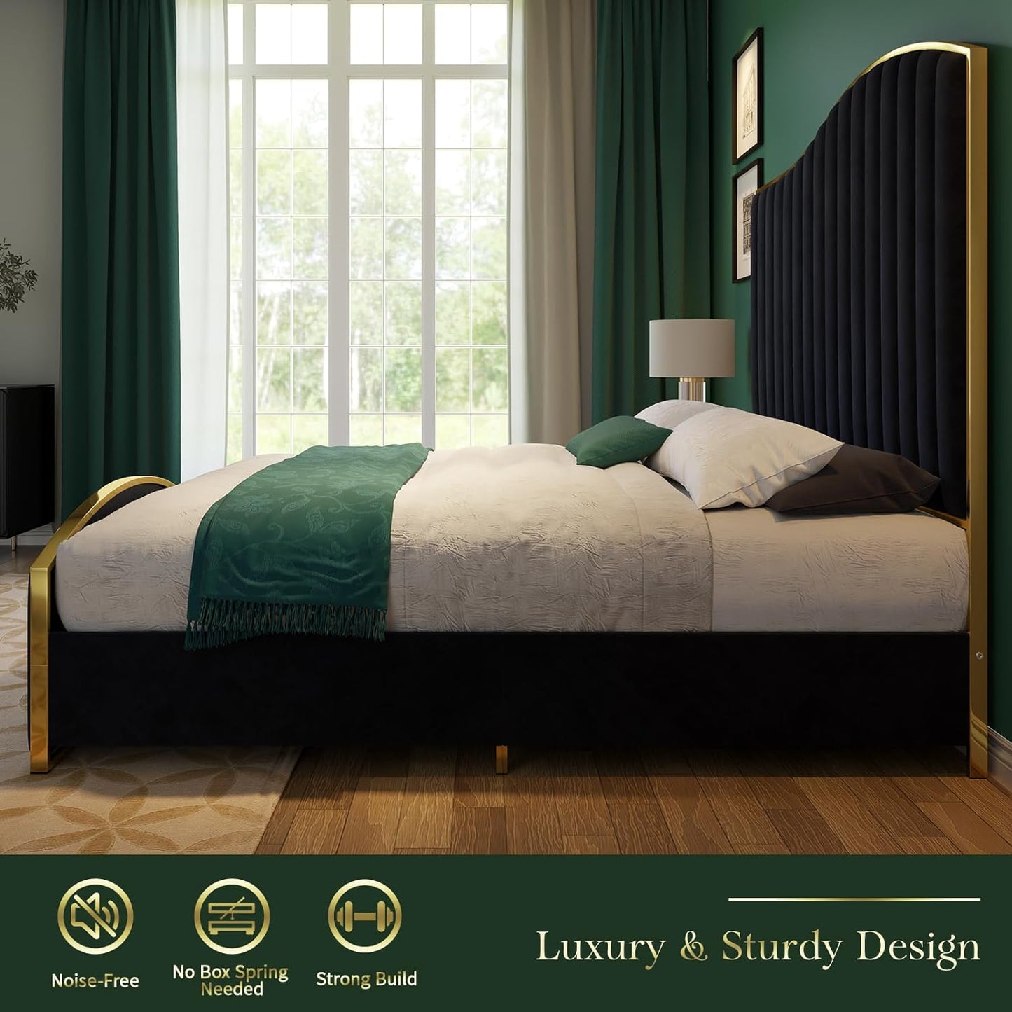 Velvet Bed Frame, 61.4" High Headboard Platform Bed Velvet Upholstered with Gold Trim & Footboard, Black