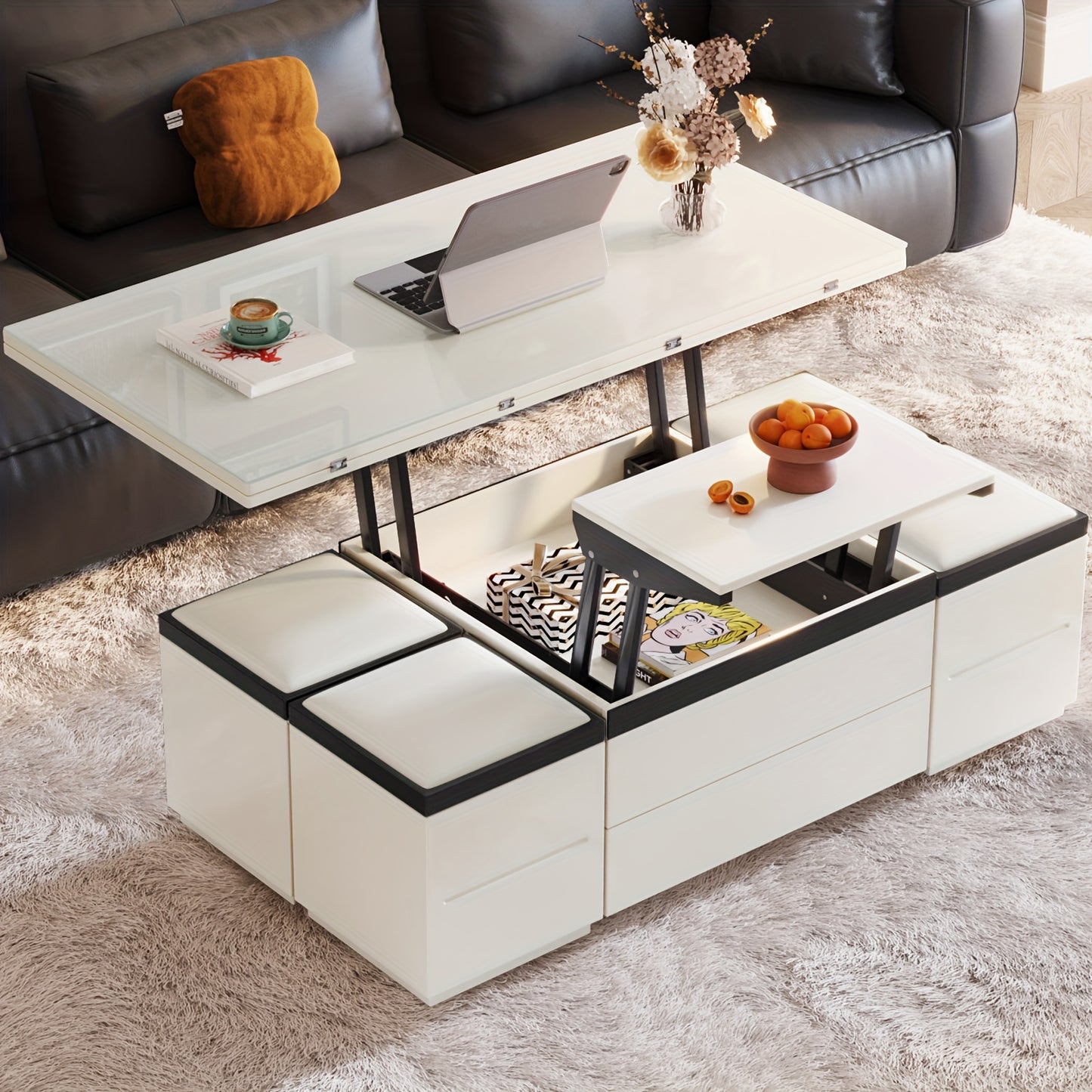 Extendable Coffee Table - 4 Storage Stools & Lift Top