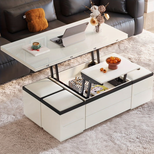 Extendable Coffee Table - 4 Storage Stools & Lift Top