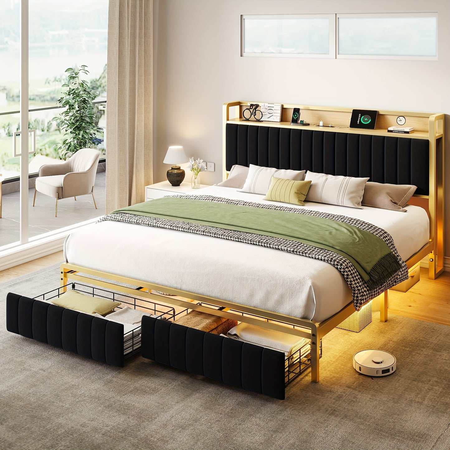 PaPaJet Upholstered Bed Frame with Sensor Light, Storage Headboard Bed with Drawer & Charging Station, No Box Spring Needed