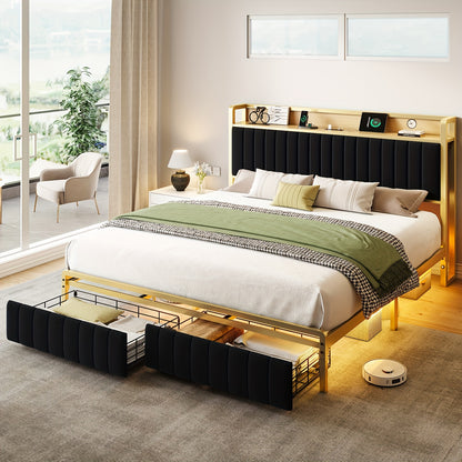 PaPaJet Upholstered Bed Frame with Sensor Light, Storage Headboard Bed with Drawer & Charging Station, No Box Spring Needed