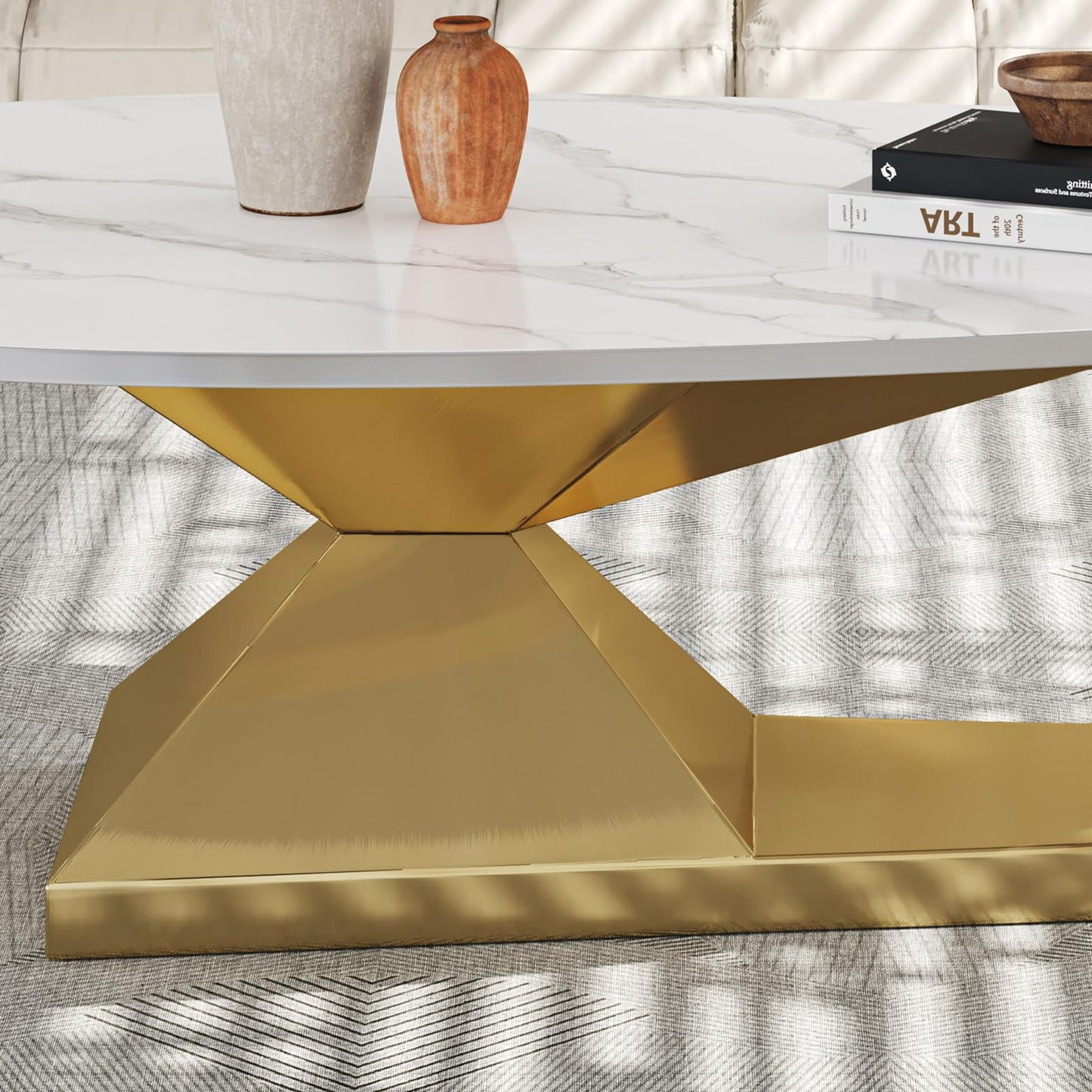 Modern Oval Faux Marble Coffee Table Faux Marble Coffee Table - Gold Metal Base