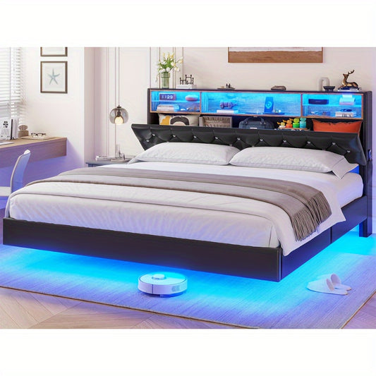 King Size Floating Bed Frame with LED Lighting and Tufted Upholstered Headboard, Hidden Storage, Plug Powered, Metal Construction, Contemporary Style, No Box Spring Needed, US Plug, Black PU