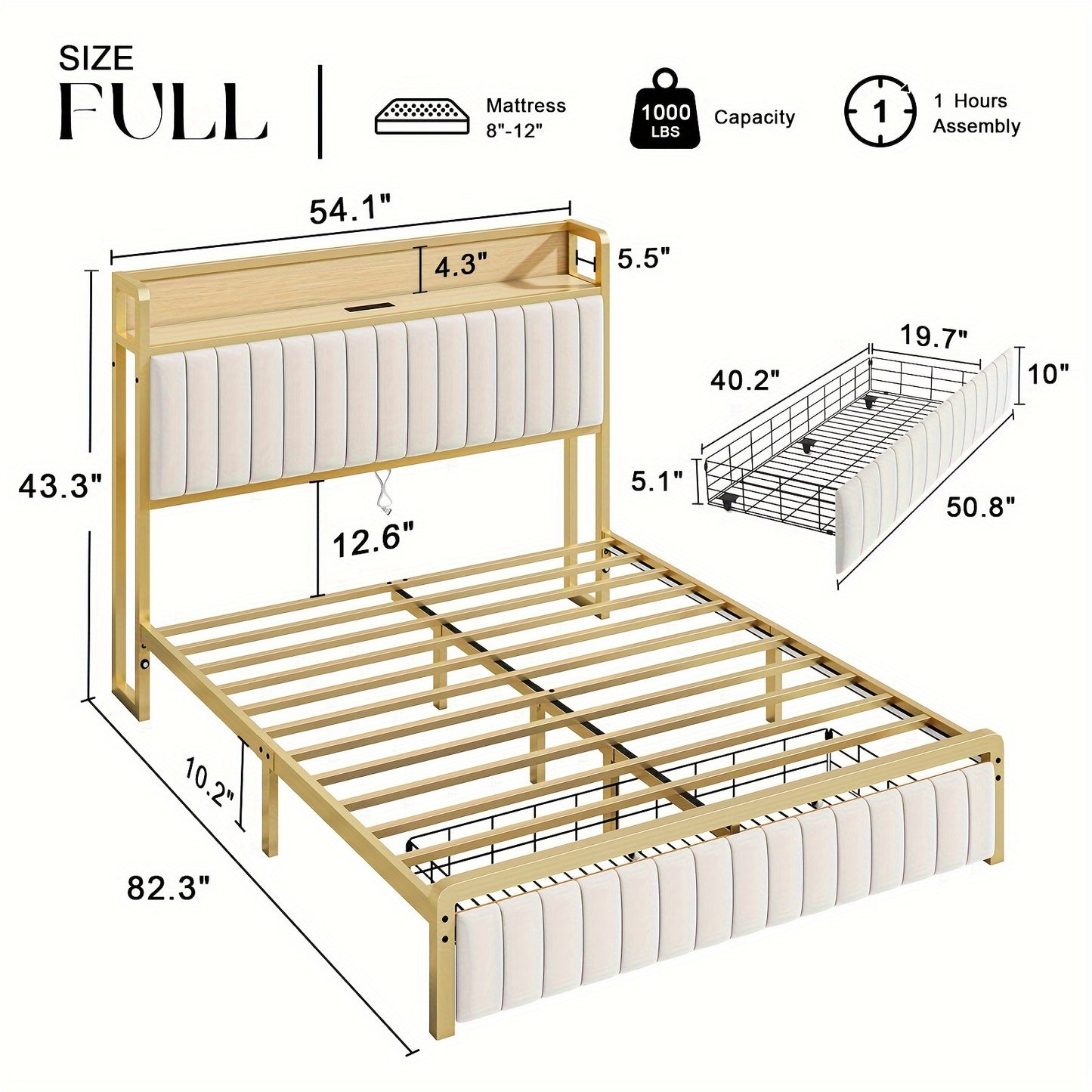 PaPaJet Upholstered Bed Frame with Sensor Light, Storage Headboard Bed with Drawer & Charging Station, No Box Spring Needed