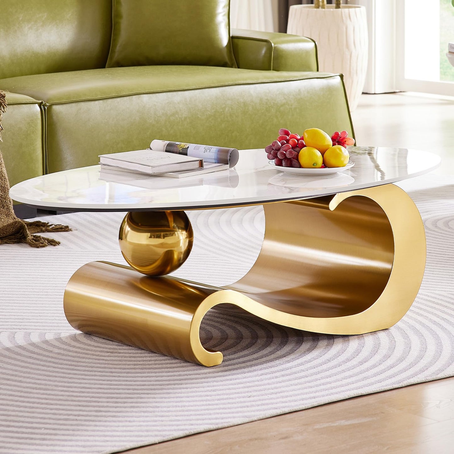 Modern Oval Faux Marble Coffee Table Faux Marble Coffee Table - Gold Metal Base