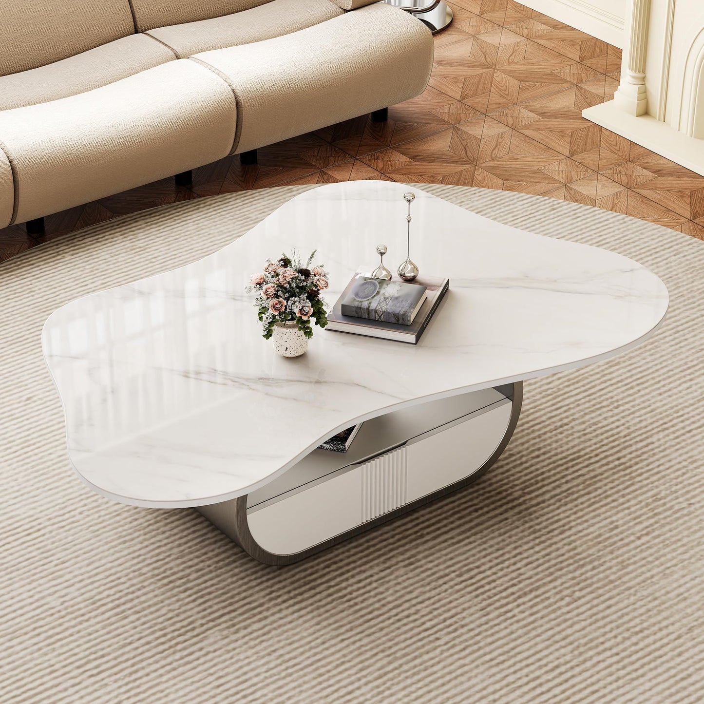 Modern Oval Faux Marble Coffee Table Faux Marble Coffee Table - Gold Metal Base