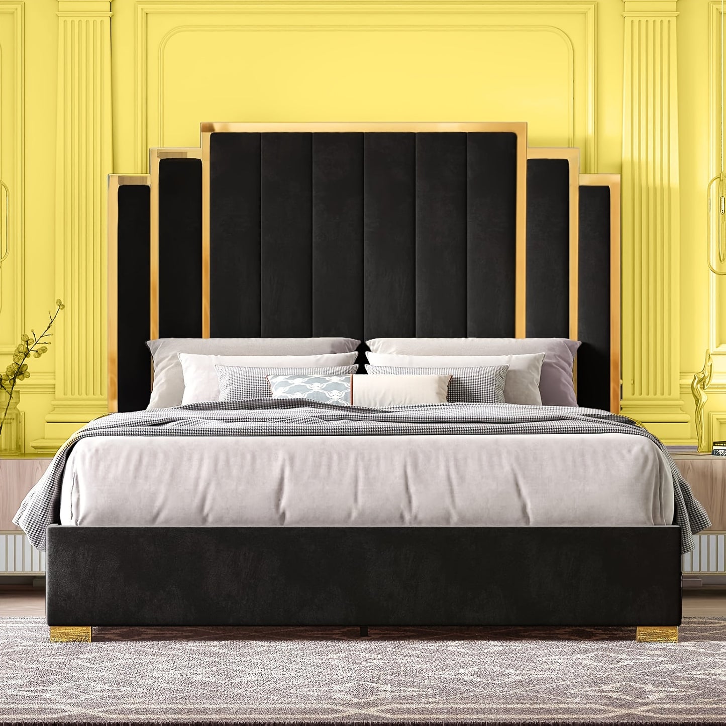 Papajet Golden Trimmed Upholstered Bed Frame with 61-Inch Headboard - Modern Platform Style