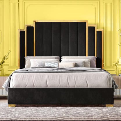 Papajet Golden Trimmed Upholstered Bed Frame with 61-Inch Headboard - Modern Platform Style