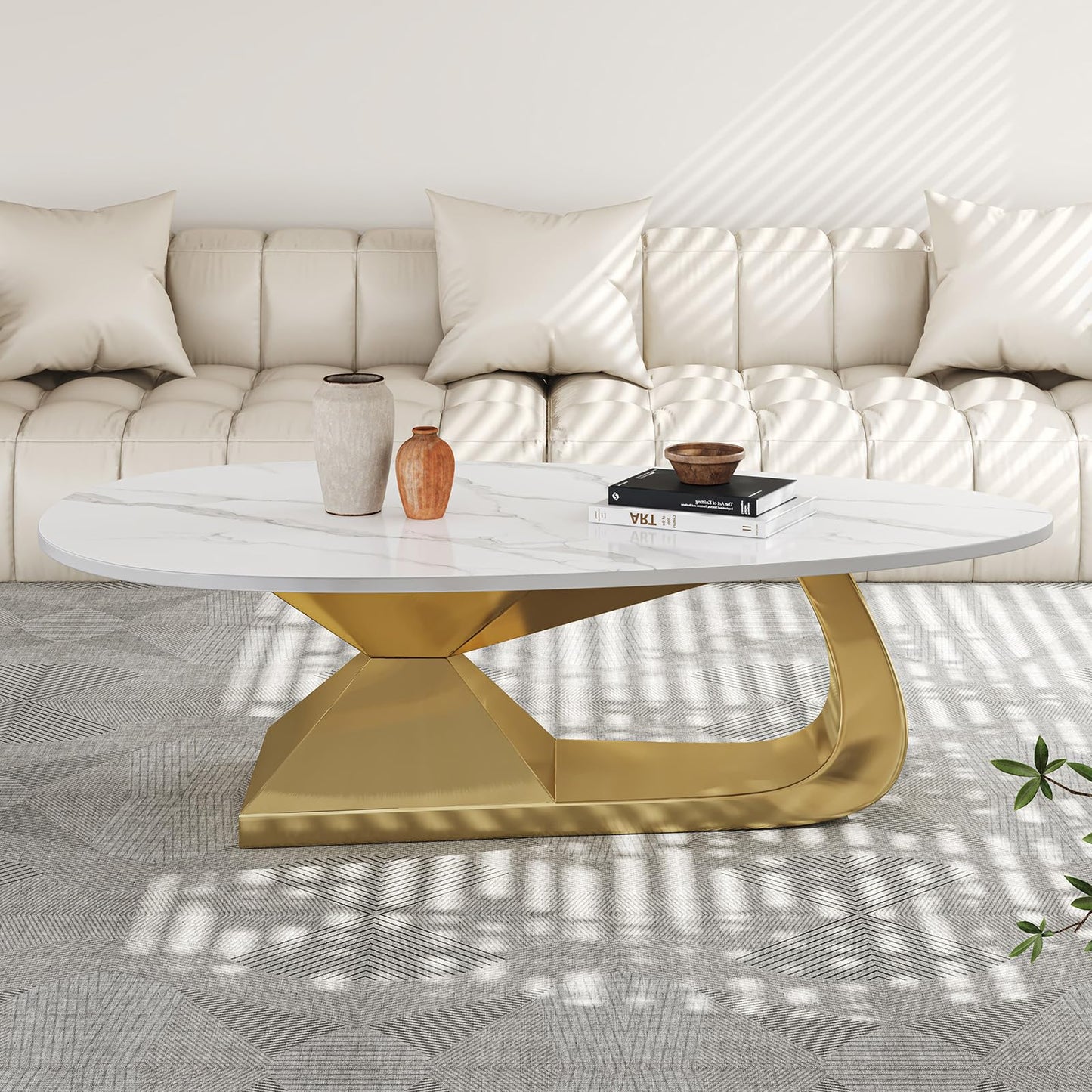 Modern Oval Faux Marble Coffee Table Faux Marble Coffee Table - Gold Metal Base