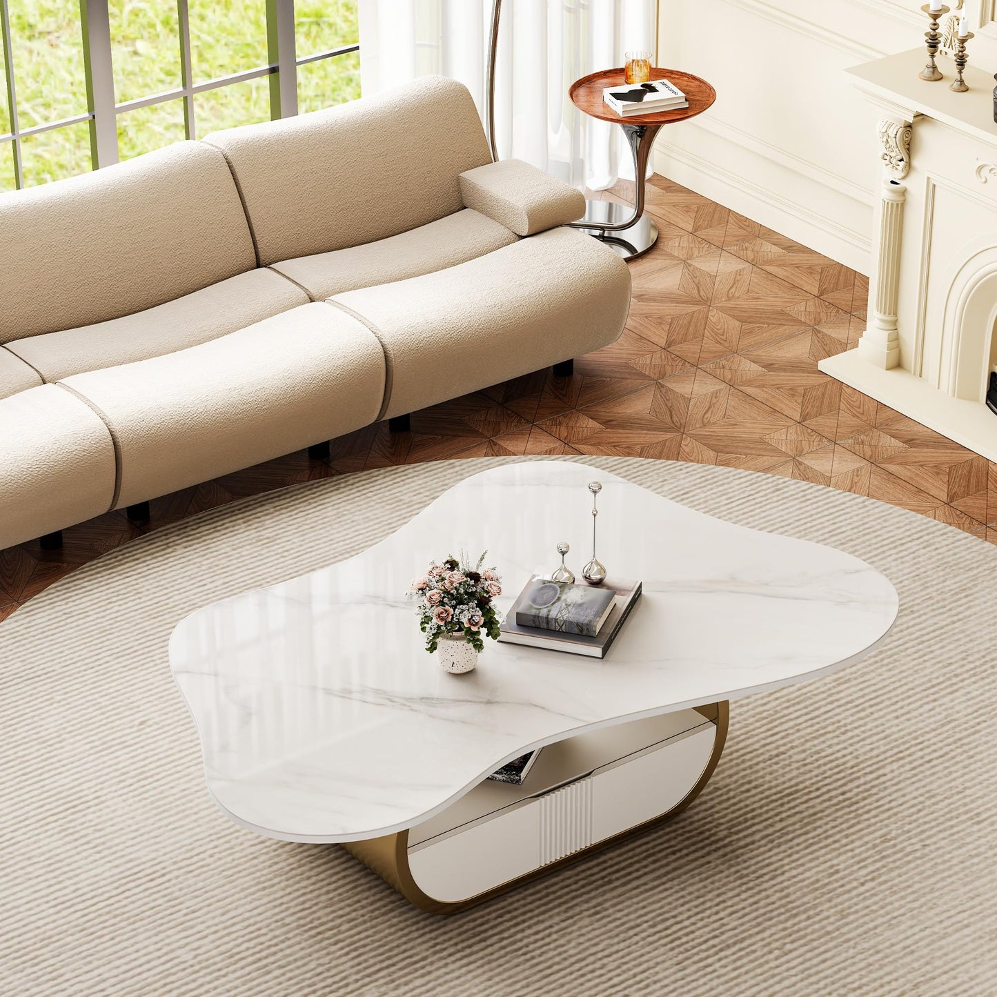 Modern Oval Faux Marble Coffee Table Faux Marble Coffee Table - Gold Metal Base