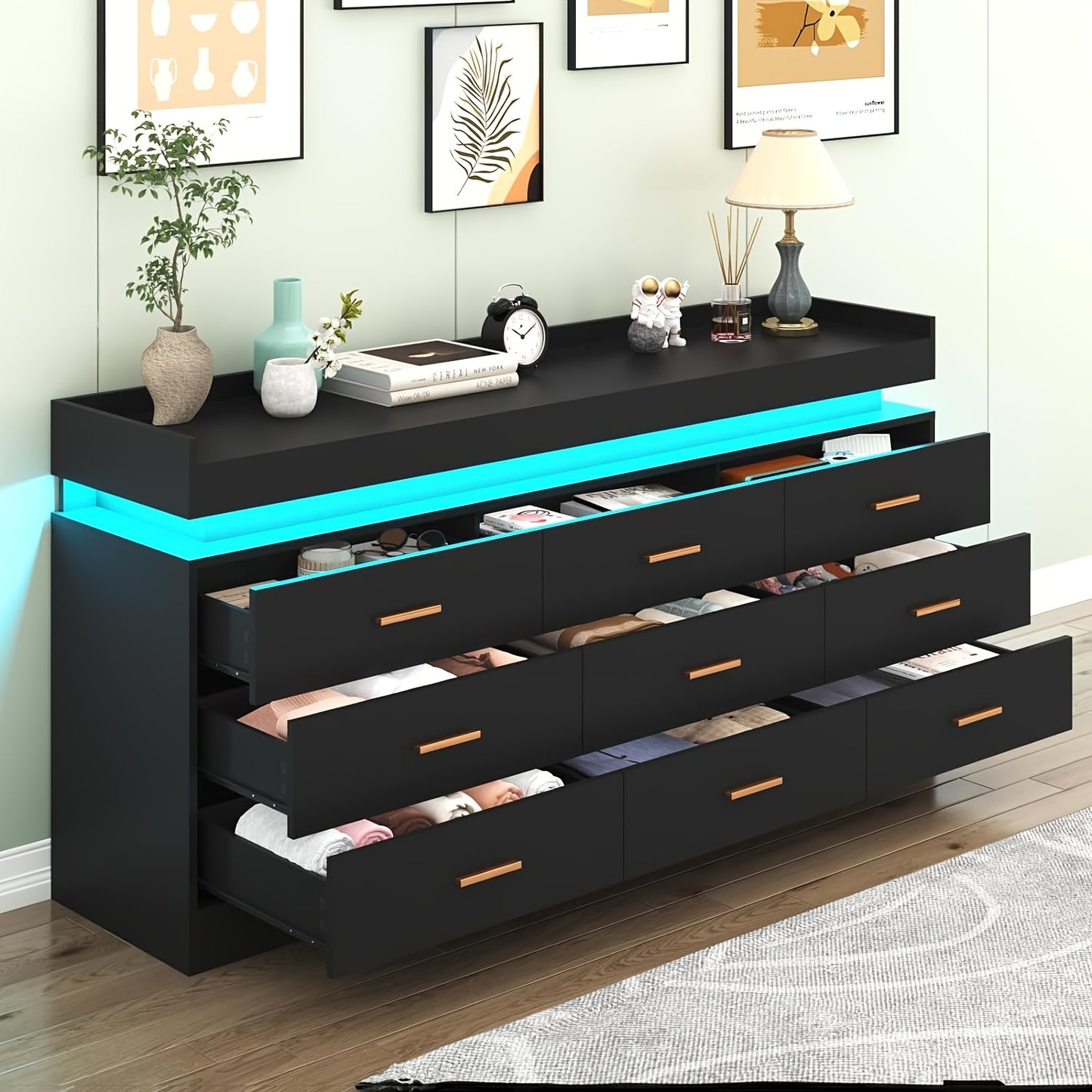 9 Drawer Dresser With LED Light, Modern Chest Of Drawers For Closet, Wide Drawer Organizer Cabinet For Bedroom, Living Room, Entryway, Hallway (9 Drawer White) Black