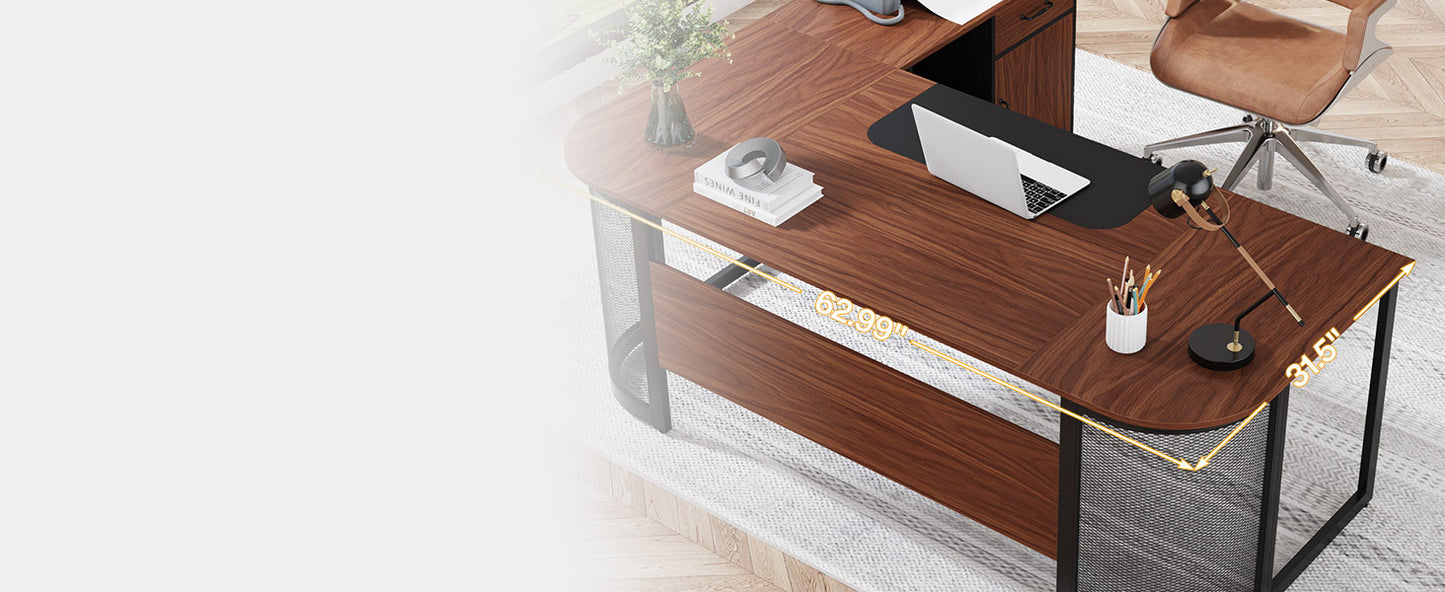 63-Inch Executive Desk - Large L-Shaped Desk with Drawer Cabinet & Storage Shelves - Corner Executive Office Desk - Business Furniture Set Workstation for Home Office - For Professionals & Entrepreneurs - Perfect for Home Off