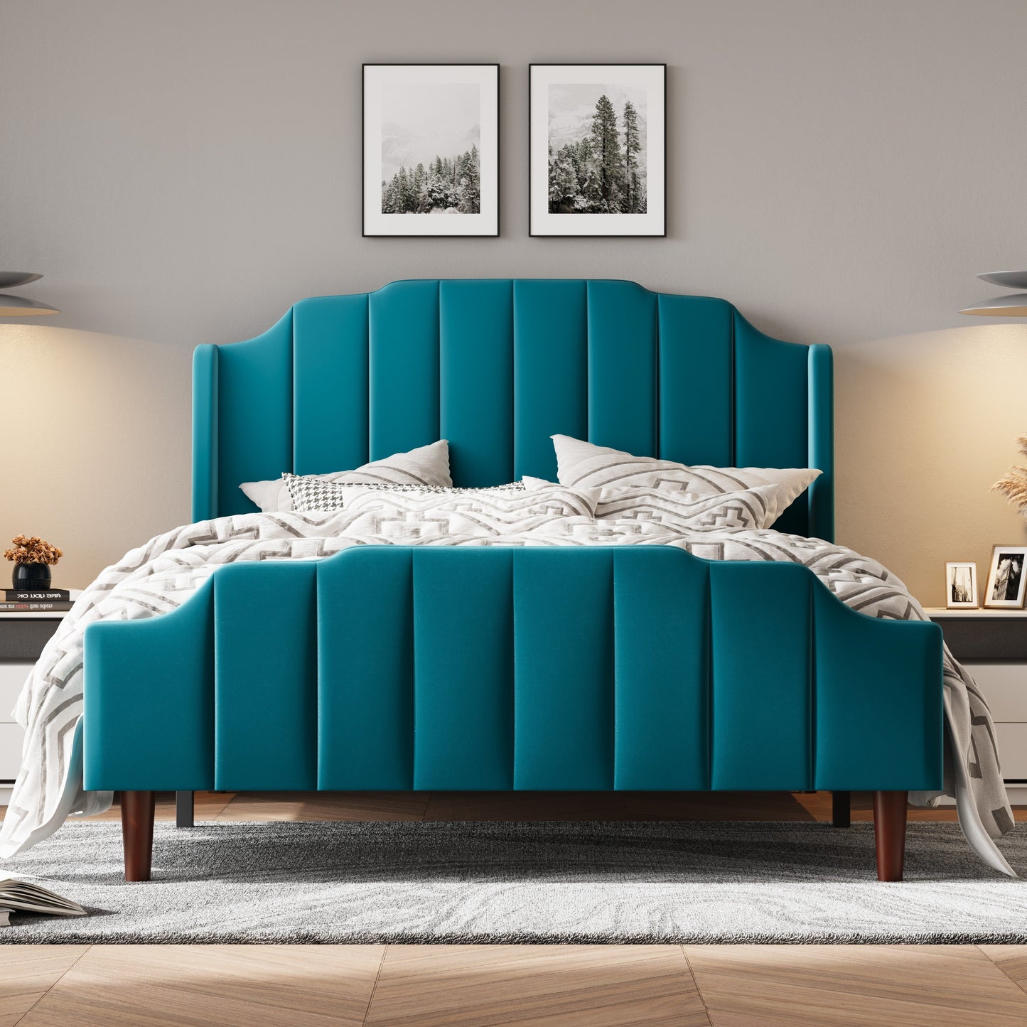 HOOMIC Velvet Queen Size Bed Frame With Wingback Headboard