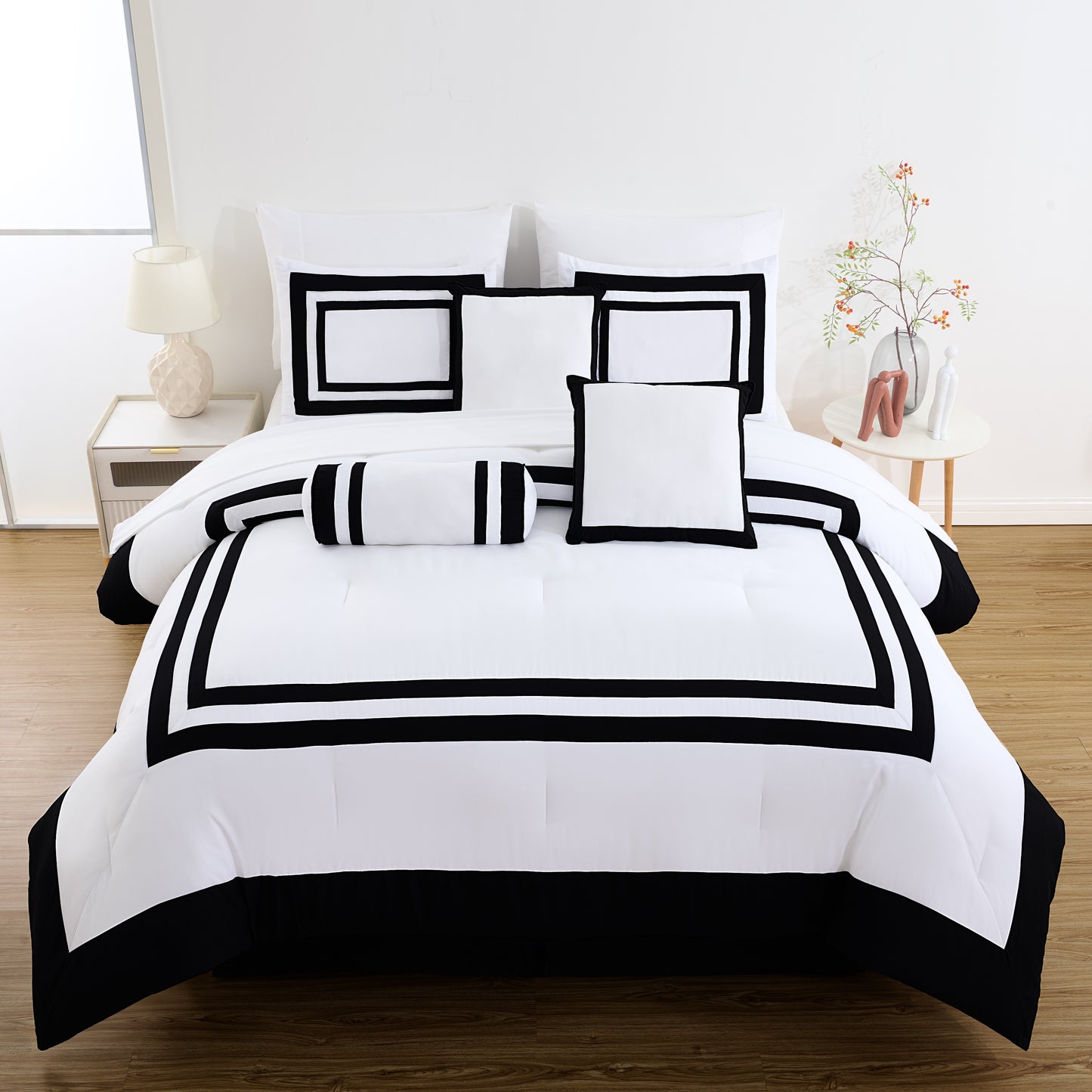 Caprice 7-Piece Modern Hotel Style Square Pattern Comforter Set with Decorative Pillows, Cal King/King/Queen/Full Size