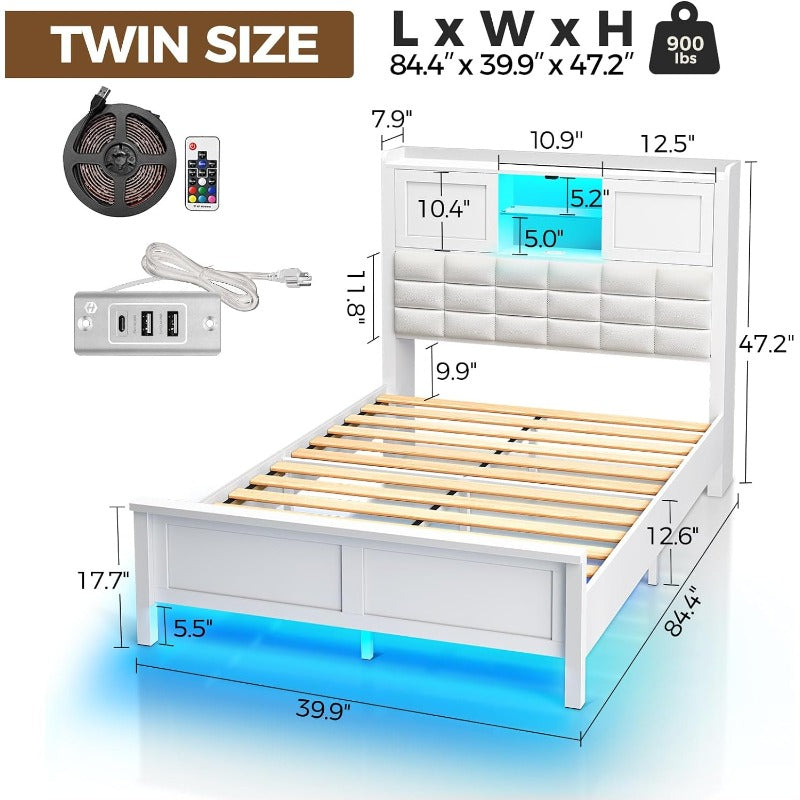 Greenstell Bed Frame Twin/Full/Queen Size with Charging Station, Bookcase Headboard Bed with LED Light and Sliding Doors, Platform Bed with Wooden Slats, No Box Spring Needed, Noise Free