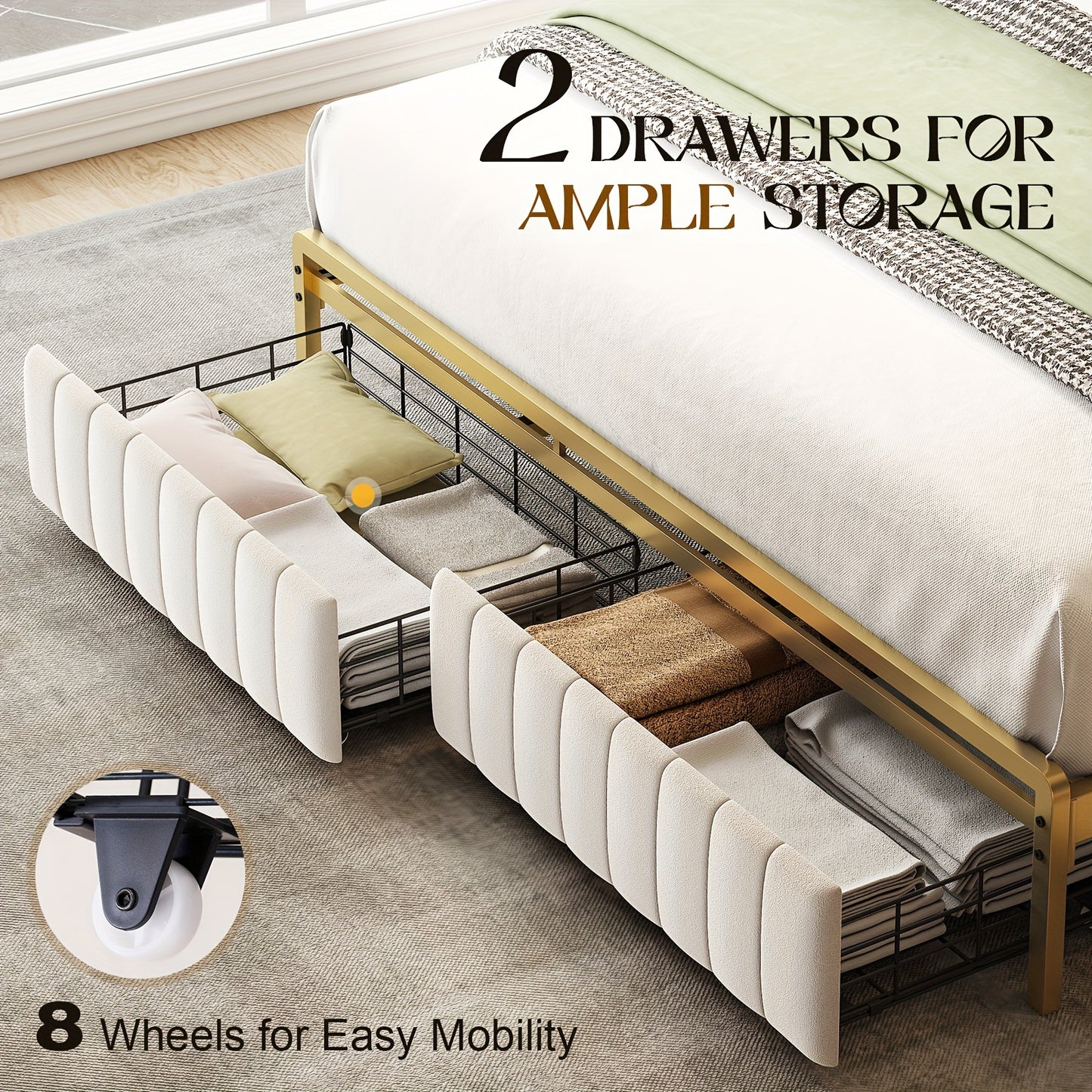 PaPaJet Upholstered Bed Frame with Sensor Light, Storage Headboard Bed with Drawer & Charging Station, No Box Spring Needed