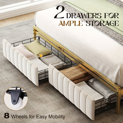 PaPaJet Upholstered Bed Frame with Sensor Light, Storage Headboard Bed with Drawer & Charging Station, No Box Spring Needed