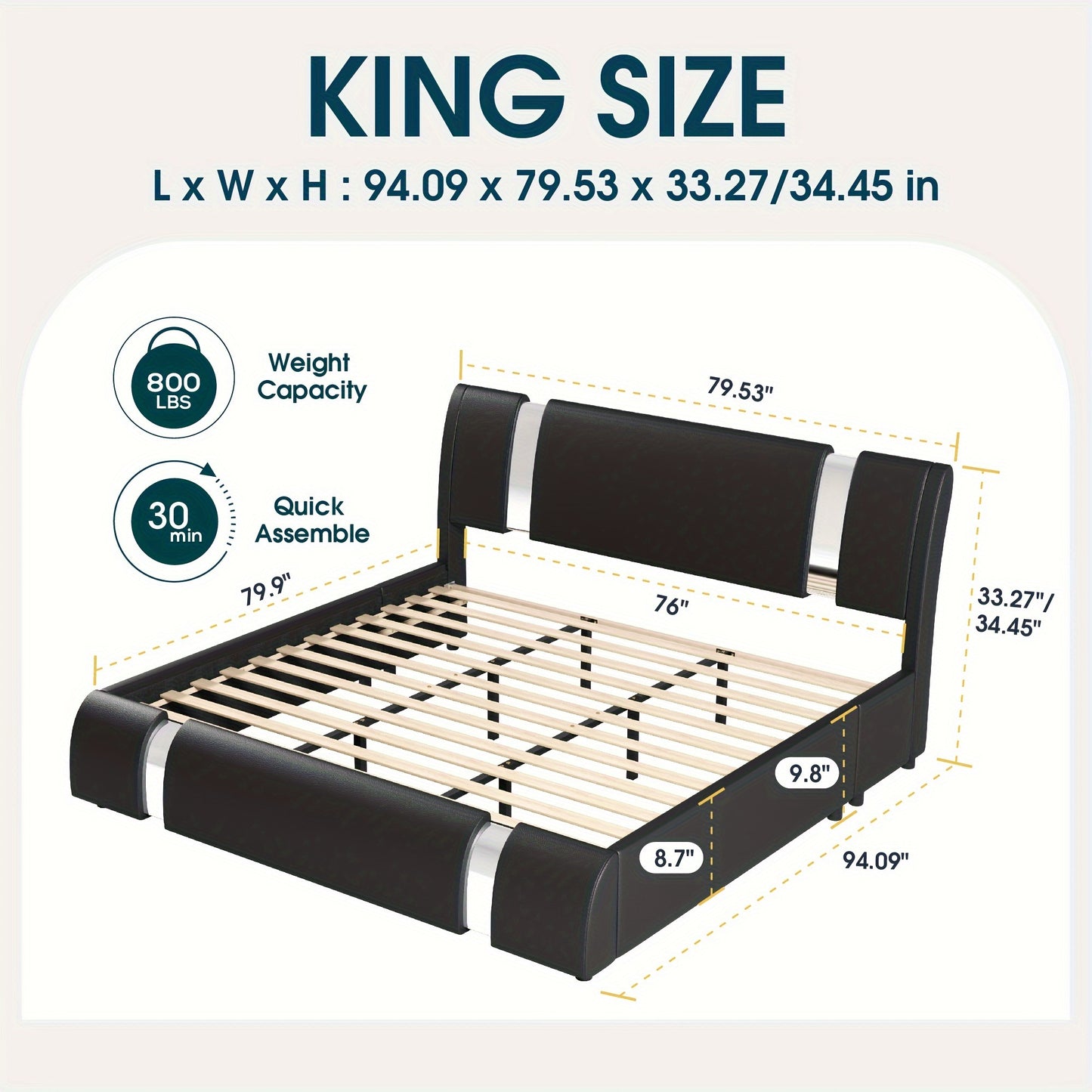 WEEWAY Bed Frame With Modern Iron Pieces Decor, Faux Leather Platform Bed With Curved Adjustable Headboard, Wood Slat Support, No Box Spring Required