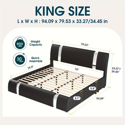 WEEWAY Bed Frame With Modern Iron Pieces Decor, Faux Leather Platform Bed With Curved Adjustable Headboard, Wood Slat Support, No Box Spring Required