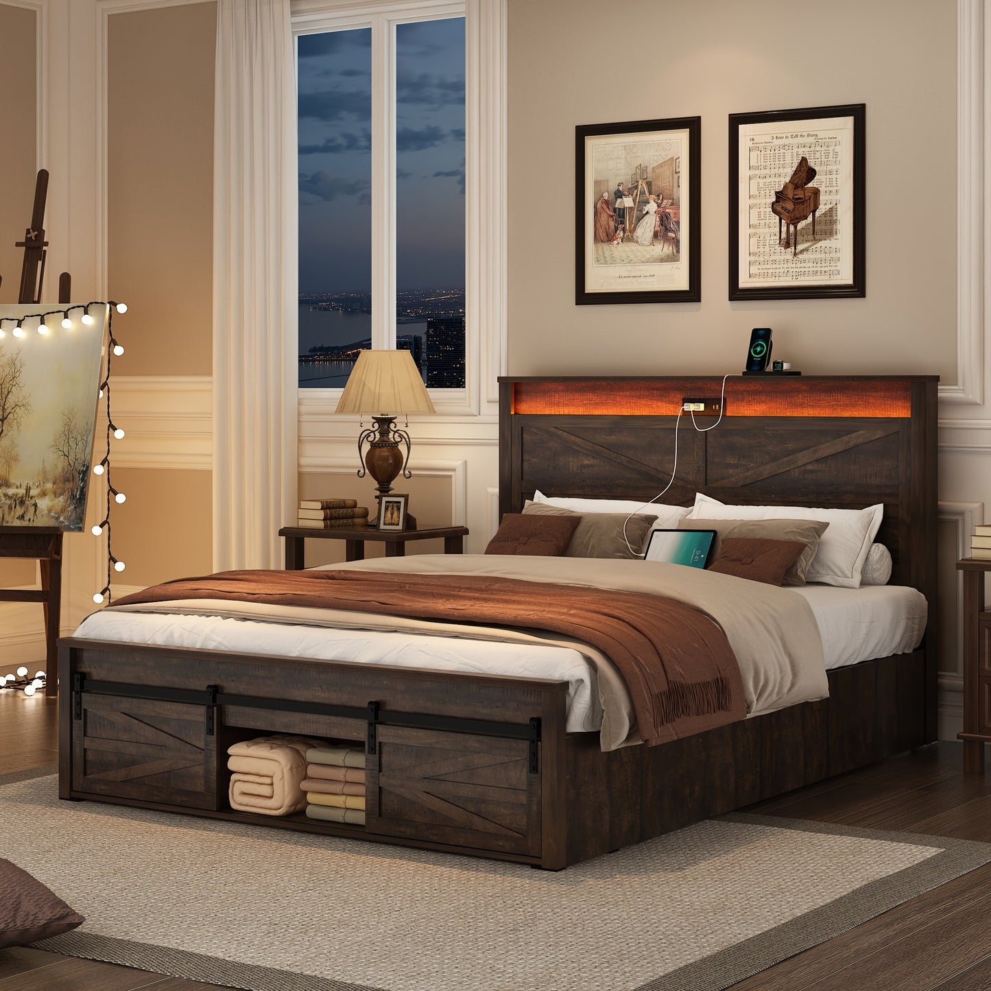Farmhouse Queen Bed Frame - LED Lights & Charging Station