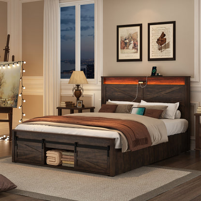 Farmhouse Queen Bed Frame - LED Lights & Charging Station
