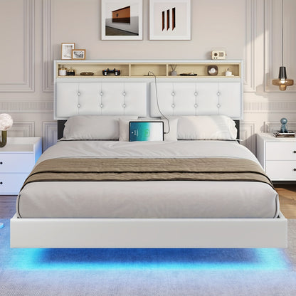 Queen Size Floating Bed Frame With LED Lights And Charging Station, Modern Queen Size Visible Floating Platform Bed Frame With Storage Headboard, White