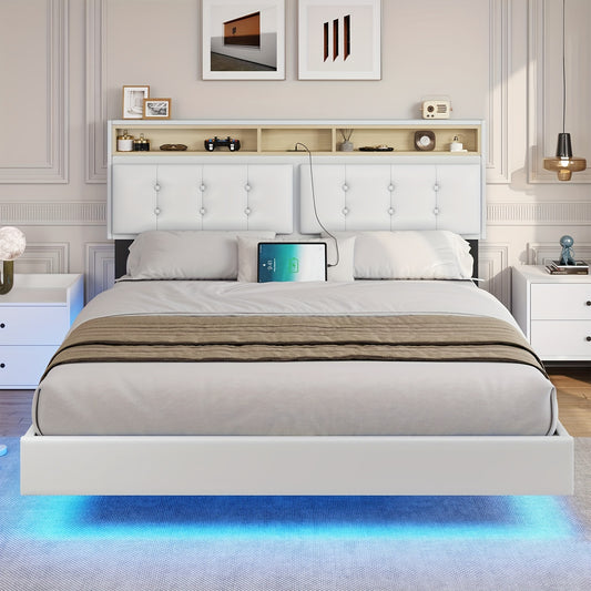 Queen Size Floating Bed Frame With LED Lights And Charging Station, Modern Queen Size Visible Floating Platform Bed Frame With Storage Headboard, White