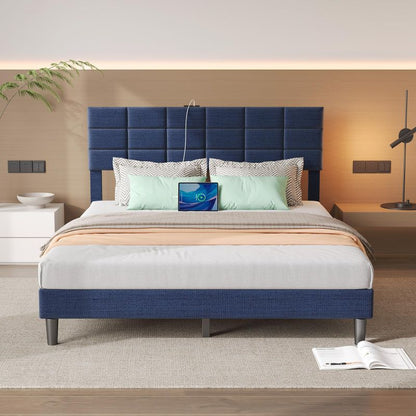 Twin/Full/Queen/King Size Platform Bed Frame with Fabric Upholstered Headboard and Wooden Slats Support, Leather Upholstered Headboard, and Built-in Charging Station, Upholstered Mattress Foundation/No Box Spring Needed/Easy