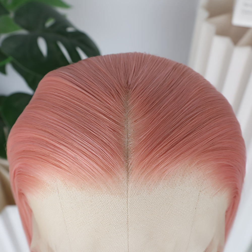 13x4 Free Part Synthetic Lace Front Wigs 26 Inches Long Straight Pink Color Hair Glueless Frontal Lace Replacement Wigs Heat Resistant Fiber Pink Colorful Wig for Fashion Women Girls Party Daily Wear