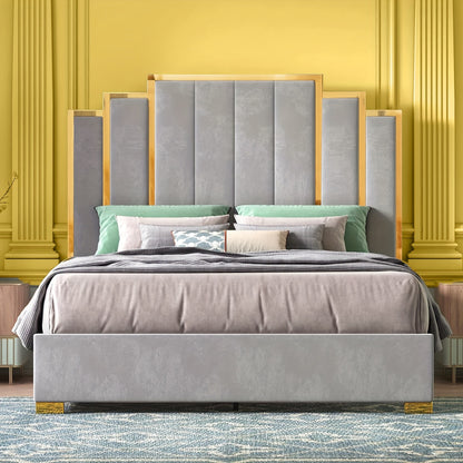Papajet Golden Trimmed Upholstered Bed Frame with 61-Inch Headboard - Modern Platform Style