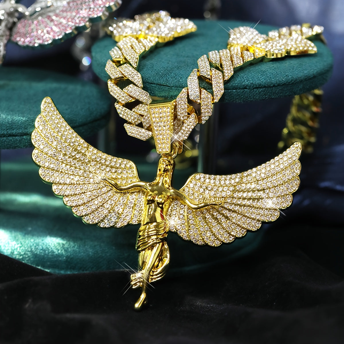Glamorous Rhinestone Angel Winged Goddess Pendant Necklace with Butterfly - Unisex Zinc Alloy Cuban Chain for Party, Street Style, Night Club - Hip Hop Rapper Jewelry, Thanksgiving and Christmas Gift