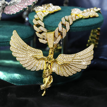 Glamorous Rhinestone Angel Winged Goddess Pendant Necklace with Butterfly - Unisex Zinc Alloy Cuban Chain for Party, Street Style, Night Club - Hip Hop Rapper Jewelry, Thanksgiving and Christmas Gift