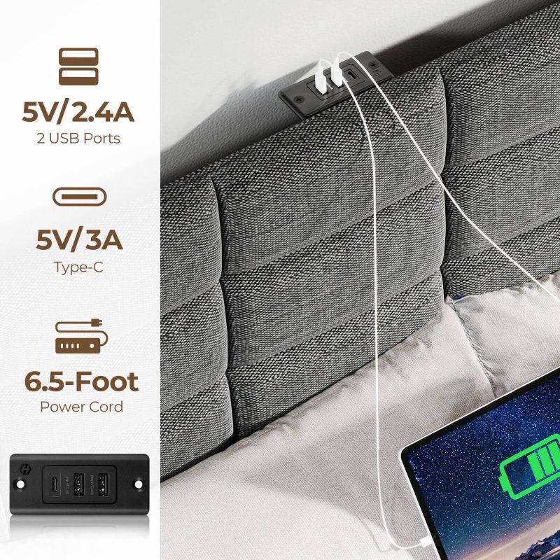Twin/Full/Queen/King Size Platform Bed Frame with Fabric Upholstered Headboard and Wooden Slats Support, Leather Upholstered Headboard, and Built-in Charging Station, Upholstered Mattress Foundation/No Box Spring Needed/Easy