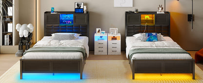 Greenstell Bed Frame Twin/Full/Queen Size with Charging Station, Bookcase Headboard Bed with LED Light and Sliding Doors, Platform Bed with Wooden Slats, No Box Spring Needed, Noise Free