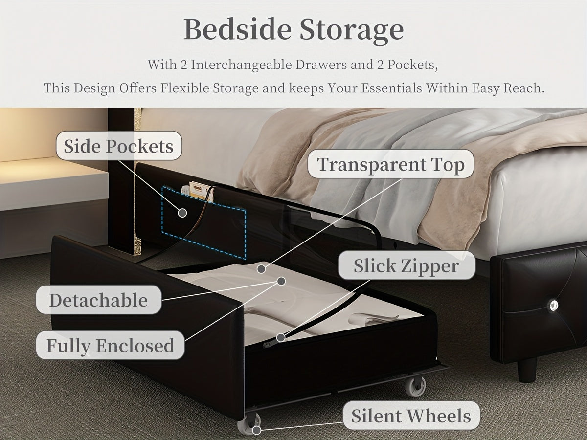 Queen Led Bed Frame With Galaxy Aurora Star Projector, Full Size Platform Bed With 2 Removable Storage Drawers, 52" Crystal Button Tufted Upholstered Headboard King Bed With Charging Station, Noise Free, No Box Spring Needed,