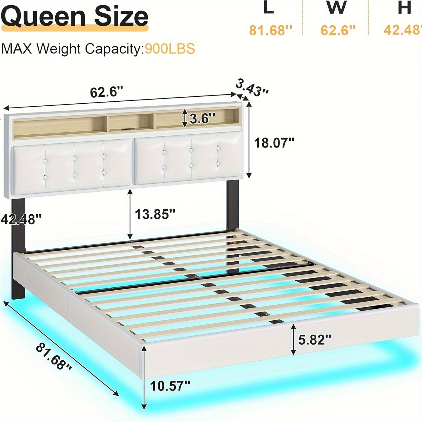 Queen Size Floating Bed Frame With LED Lights And Charging Station, Modern Queen Size Visible Floating Platform Bed Frame With Storage Headboard, White