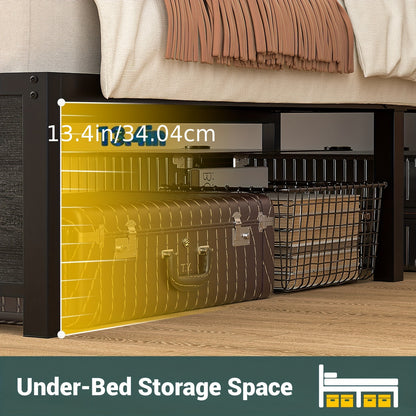 Unikito Queen Bed Frame with LED Light & Power Outlet, Platform Bed with Upholstered Headboard and Storage Cabinet, Heavy Duty Metal Slats, No Box Spring Needed, Easy Assembly, Noise-Free, Black Oak