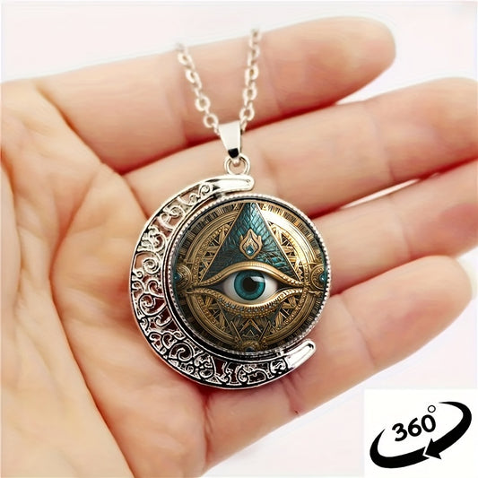 1pc Stylish  & Elegant Necklace With Eye Pattern, Rotatable Glass Alloy Pendant Necklace