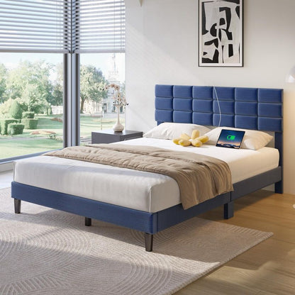 Twin/Full/Queen/King Size Platform Bed Frame with Fabric Upholstered Headboard and Wooden Slats Support, Leather Upholstered Headboard, and Built-in Charging Station, Upholstered Mattress Foundation/No Box Spring Needed/Easy