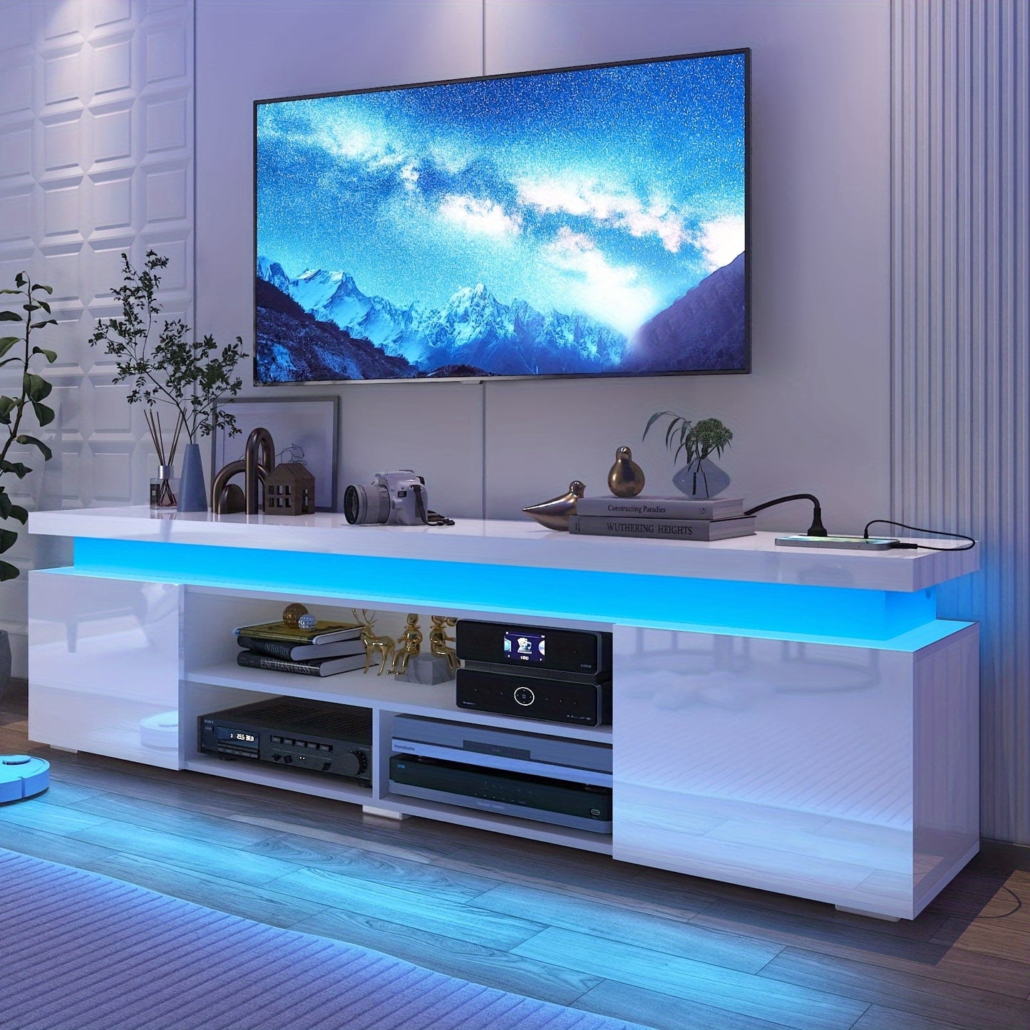 LED TV Stand For 85 Inch TV, Modern Gaming TV Stand With Power Outlet, High Gloss TV Console Entertainment Center With Storage And LED Lights For Living Room, Bedroom