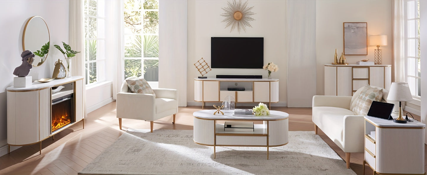 48" Oval Coffee Table - Faux Marble Top & Golden Accents