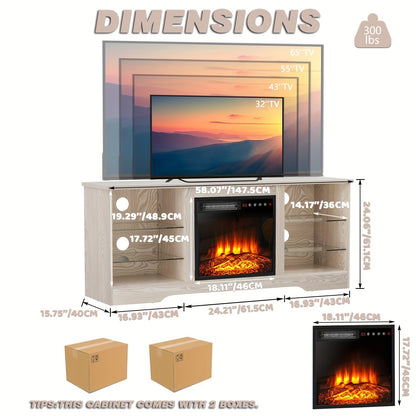 OFIKA 58 Inches Fireplace TV Stand for TVs up to 65 Inches Console with 18'' Electric Fireplace & Remote, Wooden Modern Entertainment Center for Living Room with LED Light Glass Shelves