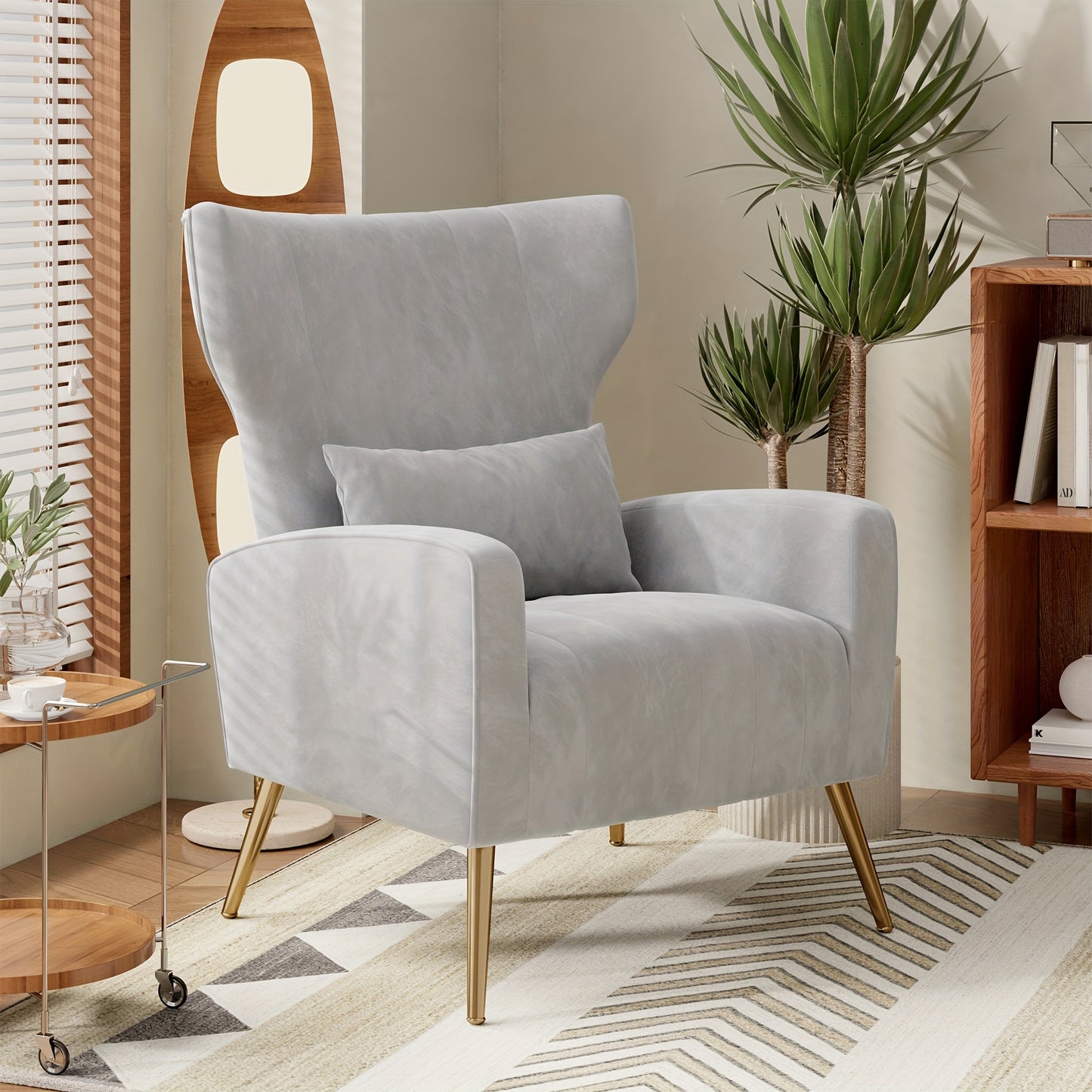 Modern Velvet Accent Chair with Metal Legs and Head Support – Cozy Mid-Century Reading Armchair, Includes Cushion and Footrest, Available in Gray/Yellow/Black